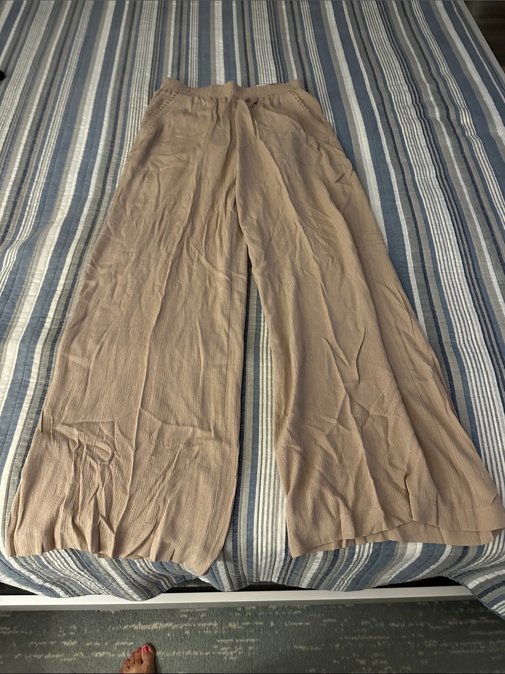 INC International Concepts Wide-Leg Pull-On Pants in Light Tan with gold thread